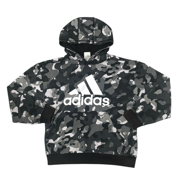 Adidas Youth Black/Grey Camo Allover Print Pullover Hoodie XL Used - Picture 1 of 7